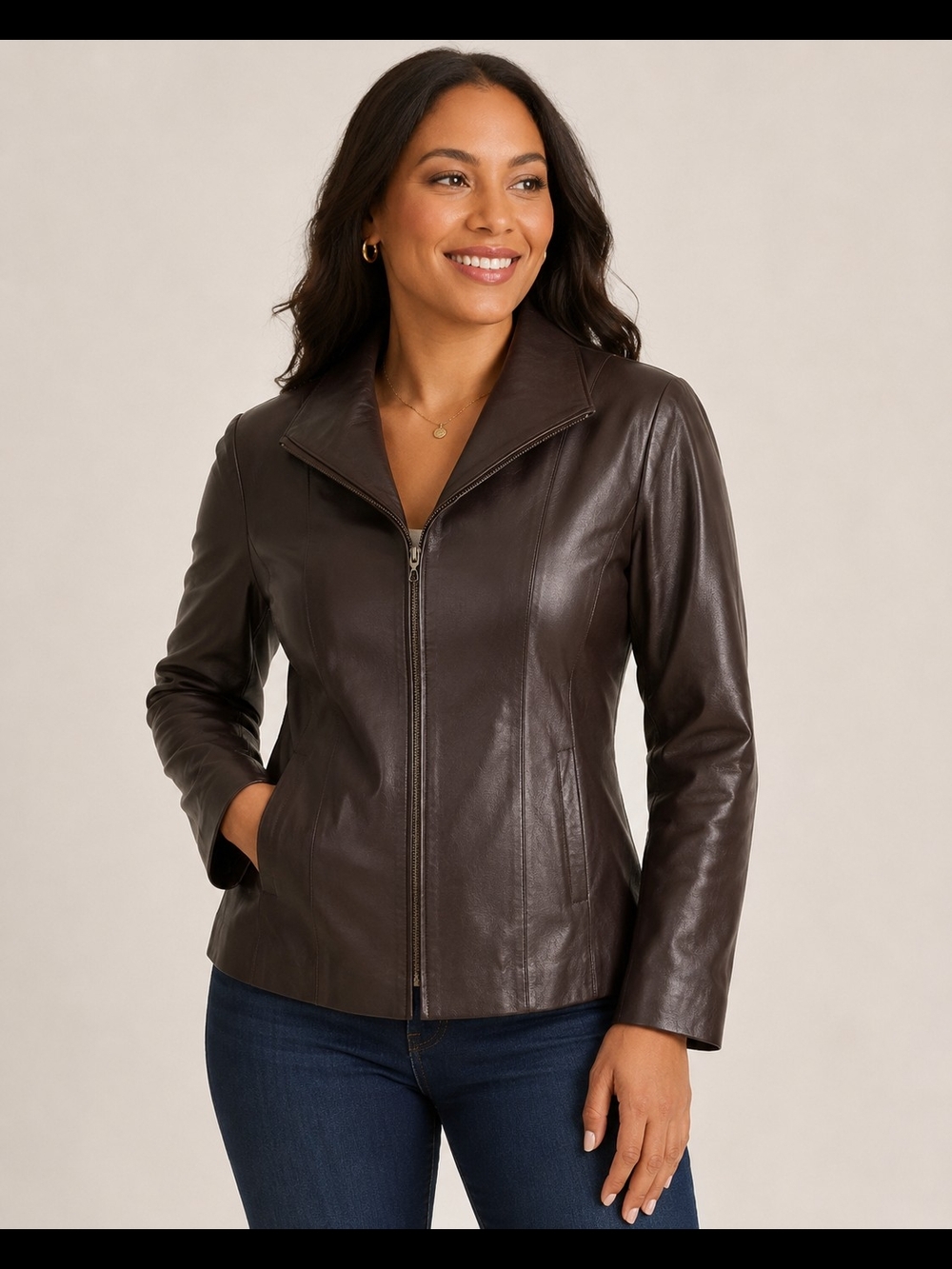 Cole Haan Genuine Lambskin Women's Chocolate Brown Leather Zip Jacket